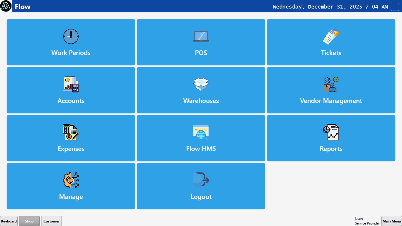Flow POS Main Menu Dashboard